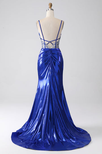 Royal Blue Mermaid Sparkly Paillettes Corsetto Abito da ballo con fessura